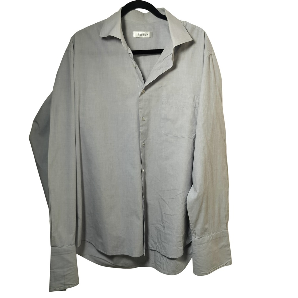 Balmain Mens Light Grey Long‎ Sleeve Button Down Shirt French Cuff Pocket XL
